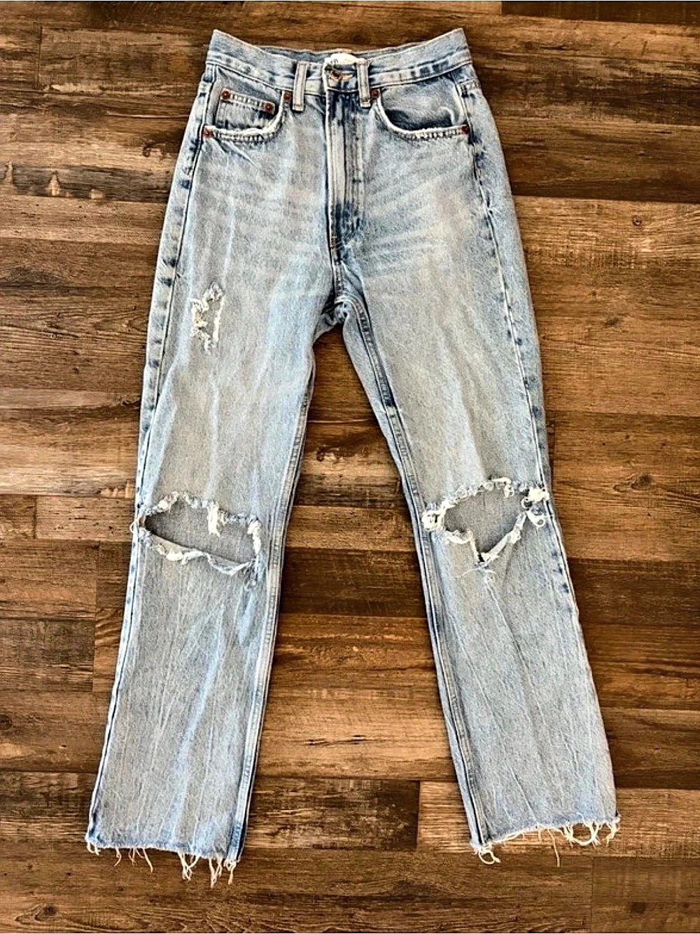 Zara Distressed Straight Leg Jeans in Blue